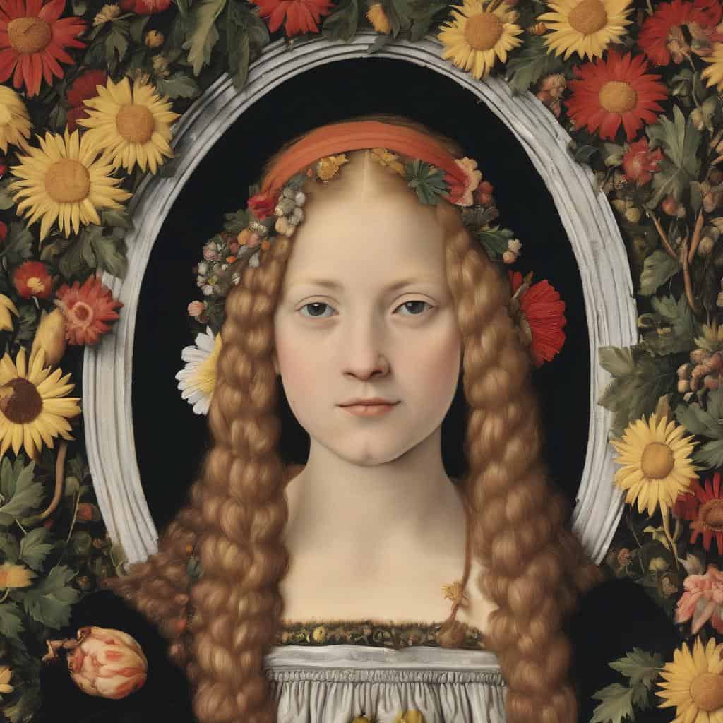 Λευκή κοπέλα με φωνή και φαντασία στην παιδική τέχνη, γύρω της πολύχρωμα λουλούδια και διαχρονική ομορφιά.