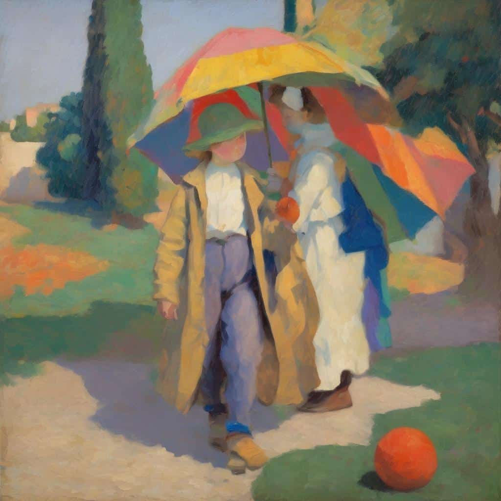 Παιδιά με πολύχρωμο καπέλο και ομπρέλα, ζωγραφική με θεματική «Παιχνίδι και Φαντασία στην Παιδική Τέχνη».