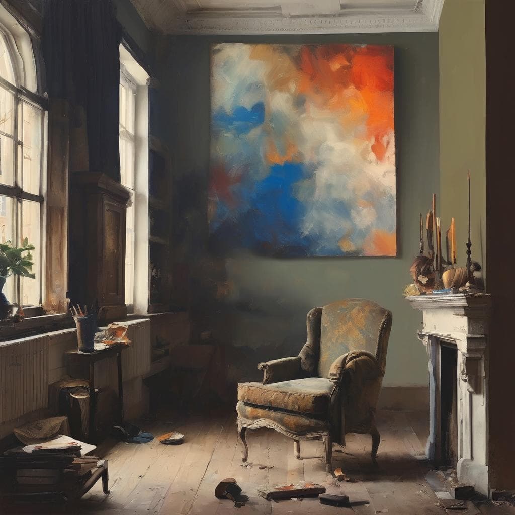 Παιδική τέχνη, παιχνίδι και φαντασία σε ζωγραφικό έργο σε εσωτερικό χώρο με πολυθρόνα και φωτισμό από παράθυρο.