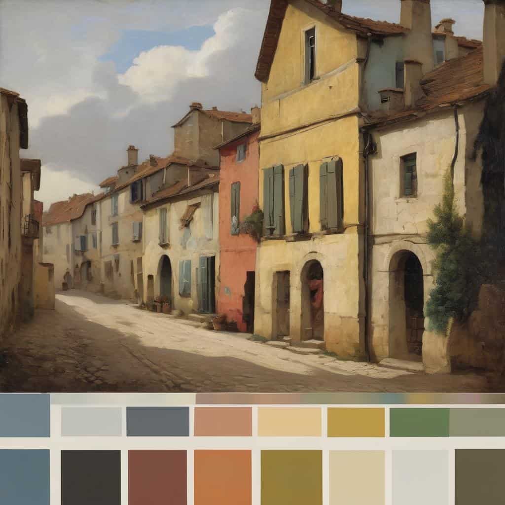 Ζωγραφική παιδικής τέχνης με σπίτια και δρόμο, έμπνευση για παιχνίδι και φαντασία.